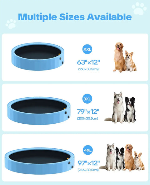 Comparison of blue foldable dog pools with sizes 63x12, 79 Inch Foldable Dog Pool With Sprinkler For Big Pups, and 97x12, showing different dog breeds.