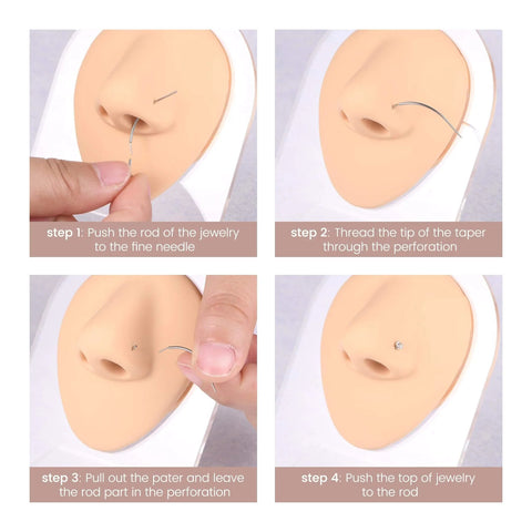 Instructional steps for using Piercing Taper Kit For Threadless And Internal Threaded Jewelry Changing Tools on a nose piercing model