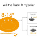 Diagram showing compatibility of the Two Handle 3 Hole Widespread Bathroom Faucet, 8-16 inch spread, with sink hole and thickness dimensions.
