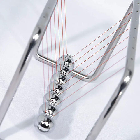 7 Ball Newton's Cradle Pendulum Desk Toy With Classic Swing And 30 Plus Second Swing Time, Chrome Iron Construction on desk