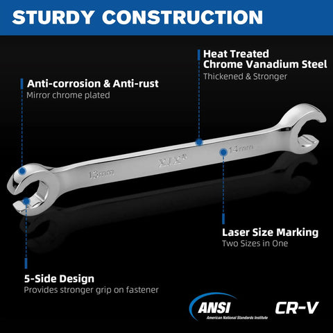 Chrome vanadium wrench from 11 Piece Flare Nut Wrench Set Pro Grade Heavy Duty SAE And Metric Fits Quarter To Seven Eighths Inch.