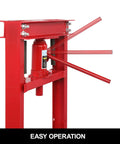 12 Ton Hydraulic Shop Press With Adjustable H-Frame, red heavy-duty garage press, side view with operation handle