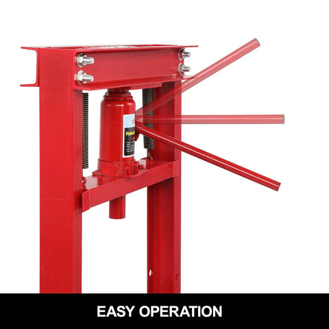 12 Ton Hydraulic Shop Press With Adjustable H-Frame, red heavy-duty garage press, side view with operation handle