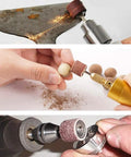 All In One Rotary Sanding Drum Kit With 432 Sanding Sleeves, 24 Mandrels, And 2 Self Tightening Drill Chucks in action on materials