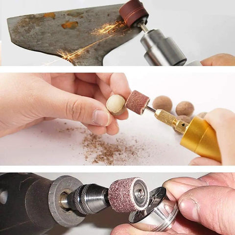 All In One Rotary Sanding Drum Kit With 432 Sanding Sleeves, 24 Mandrels, And 2 Self Tightening Drill Chucks in action on materials