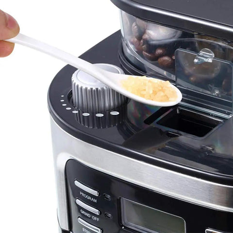 Solid Bean To Cup Coffee Machine Automatic Espresso Brewer Cranks Out 11 To 15 Cups, adding sugar to the grinder.