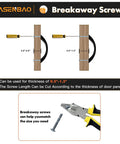 Diagram of breakaway screws, showing adjustable lengths for door panels between 0.5 to 1.3 inches, with cutting tool.