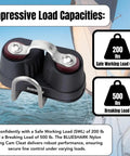 Premium Nylon Sailing Cam Cleat With Wire And Strap Fairlead 132 For Line Sizes One Eighth To Three Eighths Inch 3 10 Millimeters 200 Lb Safe Working Load 500 Lb Breaking Load Durable Marine Hardware 1 Pack installed on a sailboat background with load capacity details