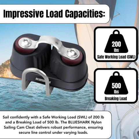 Premium Nylon Sailing Cam Cleat With Wire And Strap Fairlead 132 For Line Sizes One Eighth To Three Eighths Inch 3 10 Millimeters 200 Lb Safe Working Load 500 Lb Breaking Load Durable Marine Hardware 1 Pack installed on a sailboat background with load capacity details