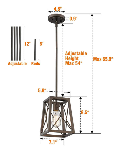 Dimensions of Farmhouse Pendant Light With Industrial Metal Wire Cage In Oil Rubbed Bronze, 1 Light Hanging Lantern