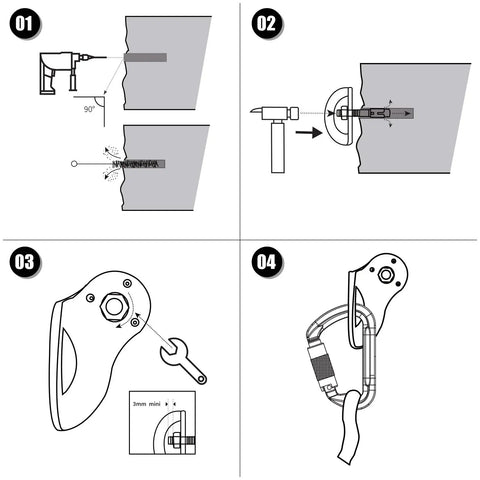 Heavy Duty Stainless Steel Bolt Hangers Five Pack For Rock Climbing And Caving, installation instructions with technical diagrams.