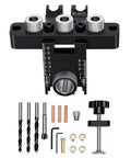 Rock Solid Self Centering Doweling Jig Kit Three In One Woodworking Tool with aluminum clamp and precision bushings, showing components and drill bits.