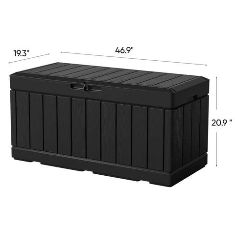 82 Gallon Resin Outdoor Storage Box All Weather Deck Box For Patio Furniture Toys Garden Tools Lockable Black Weatherproof Outdoor Storage Solution Keeps Your Yard Clean And Chill, shown with dimensions 46.9x19.3x20.9 inches