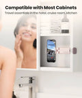 Airplane Phone Holder Mount for Travel Must Haves, Universal Flight Phone Mount in use in bathroom cabinet, pink.