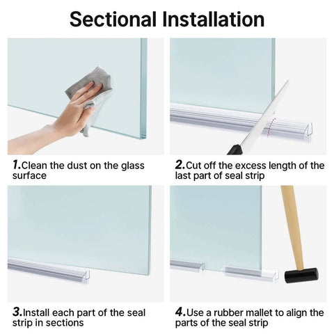 Three Section Shower Door Bottom Seal Kit For Three Eighth Inch Frameless Glass Doors Each Section Measures 15.75 Inches Easy Install Keeps Water In And Prevents Leaks Replacement Seal Strip For Bathrooms installation steps