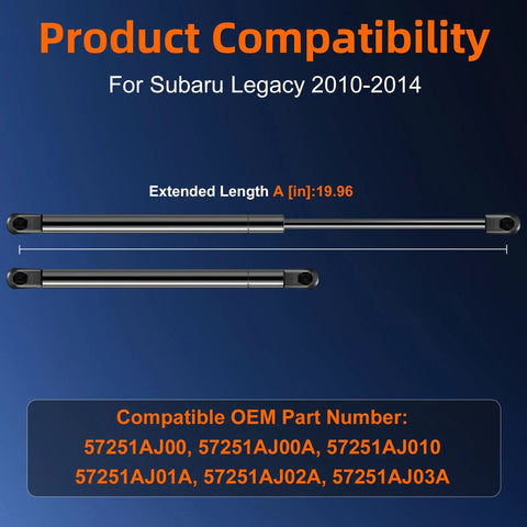 Qty Two Hood Strut Lift Support For Subaru Legacy 2010 2014 And Subaru Outback 2010 2014 Front Hood Shock With Ball Stud Screw Replacement OE 4B 449325 Engine Bay Lift Support No Hassle Easy Install showing extended length and compatibility.