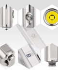 Close-up of A4 Pro Titanium Keychain Flashlight showing buttons, ports, and branding on the titanium EDC torch.