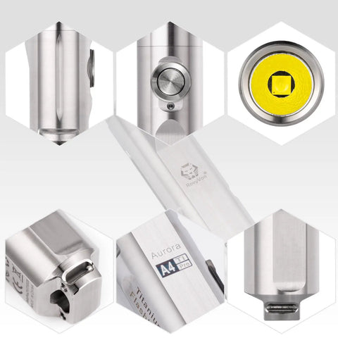 Close-up of A4 Pro Titanium Keychain Flashlight showing buttons, ports, and branding on the titanium EDC torch.