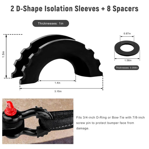 10 Piece D Ring Shackle Isolators And Washers Kit For Three Quarters Inch Rubber Towing Shackle Covers Black, shown with sleeves and spacers