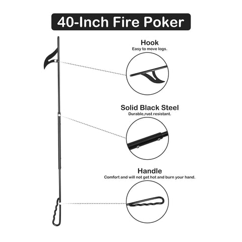 Diagram of 40 Inch Long Reach Fire Pit Poker Heavy Duty Solid Steel With Detachable Hook showing parts: hook, solid steel, handle.