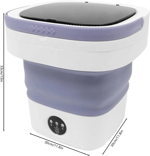 Hella Efficient Compact Foldable Mini Washer With Slick Drainage Setup And Pure Copper Motor Plus Gentle Handwash Simulation For Delicates And Baby Clothes Green Finish, 13" height, purple and white design.