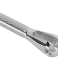Raw Steel Clevis Linkage End Featuring 5/8 Inch Right Hand Fine Thread With 3/8 Inch Pin Slot showing chrome finish and threaded grip.