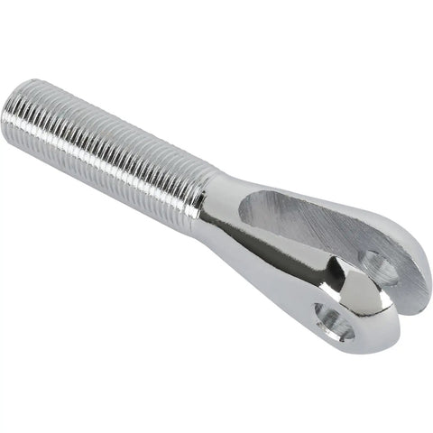 Raw Steel Clevis Linkage End Featuring 5/8 Inch Right Hand Fine Thread With 3/8 Inch Pin Slot showing chrome finish and threaded grip.