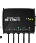 Four Bank 12V Marine Battery Charger Delivering 40A Total with 10A Per Bank, front view with cables and IP68 design.