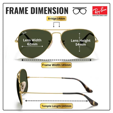 RB3025 Pilot Shape Non Polarized Sun Shades With G15 Green Lenses For Men and Women front and side view with dimensions