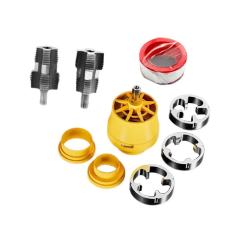 Killer Precision One Inch Water Pipe Threading Tool Built Hella Tough Die Cast Metal components, including yellow tool and metal fittings.