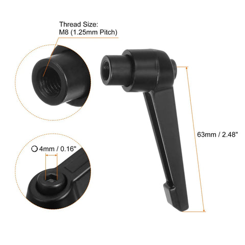 Straight Up Tough 6PC M8 Female Thread Aluminum Clamping Lever Handles With No Sweat Quick Release Ratchet Push Button Locking Knobs, 63mm size, close-up view of threaded end.