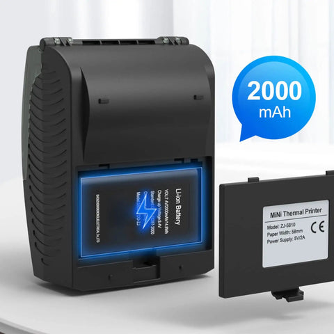 Thermal Label Printer Bluetooth Shipping Label Maker 58mm Wide 90mm Per Second Print Speed Dope Wireless Printing From Android Or iOS Phones And Tablets Auto Sleep Wake Built Tough For Home Office And Small Biz, showing open battery compartment and 2000mAh battery label