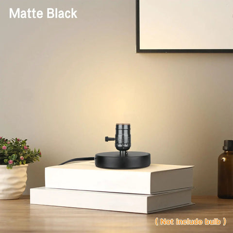Vintage Metal Table Lamp Base Only Without Shade With Edison Style Exposed Bulb Support E26 E27 Short Desk Lamp For Small Spaces 5.75 Foot Cord On Off Switch Matte Black on a desk with books