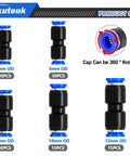 Assorted mxuteuk push-to-connect air hose fittings in 4–12 mm OD, black bodies with blue ends, grid display.