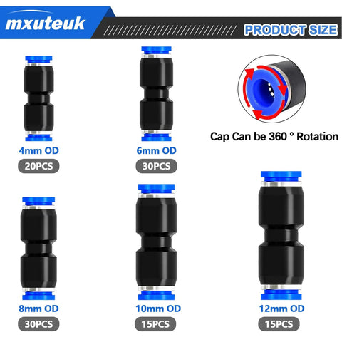 Assorted mxuteuk push-to-connect air hose fittings in 4–12 mm OD, black bodies with blue ends, grid display.