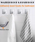 Heavy Duty Adhesive Towel Hooks 4 Pack Stainless Steel Self Adhesive Wall Hangers waterproof installed on tiled wall
