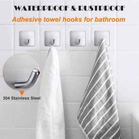 Heavy Duty Adhesive Towel Hooks 4 Pack Stainless Steel Self Adhesive Wall Hangers waterproof installed on tiled wall