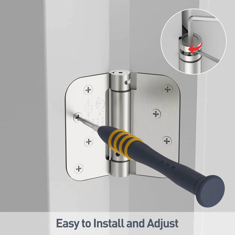 Self Closing 4 Inch Door Hinges With Spring Loaded Adjustable Tension For Front And Back Garage Doors Brushed Nickel UL Listed Left And Right Hand 2 Pack By HOSOM being installed.