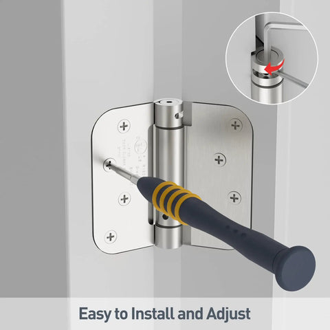 Top Shelf 4 Pack Self Closing Door Hinges With Adjustable Spring Tension No Sweat Setup Slick Brushed Nickel Finish close-up installation.