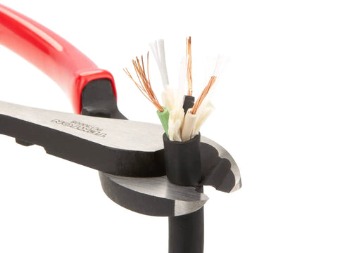 7-Piece Pliers Set With 6-In Bent Long Nose, 7-In And 8-In Long Nose, 7-In Diagonal Cut, 8-In End Cut, 8-In Cable Cutting, And 9-1/2-In Lineman's Pliers cutting cable