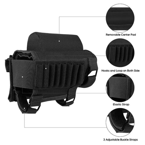 Rifle Cheek Riser With Ambidextrous Shell Holder And Molle Pouch showing removable pad, hooks, loop, and buckle straps