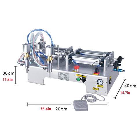 Heavy Duty Horizontal Pneumatic Piston Liquid Filling Machine Stainless Steel Double Head Zero Mess Auto Bottle Filler For Water Juice with foot switch and controls.