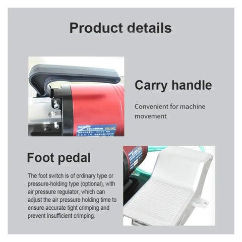 0.5 To 0.6 Mpa Pneumatic Crimping Machine For Insulated Tube Terminals With Replaceable Jaws showing carry handle and foot pedal details.