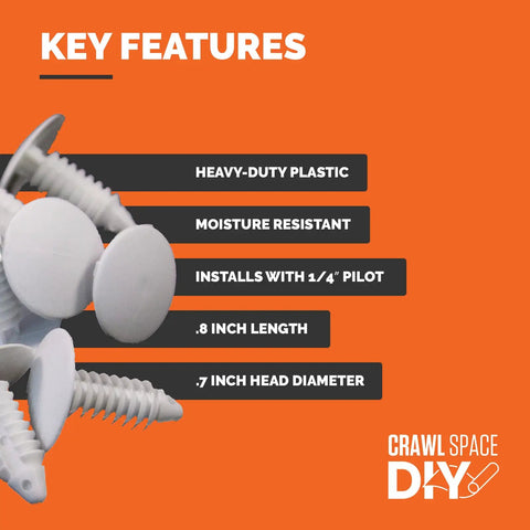 Knockout Vapor Barrier Clips For Crawl Spaces, features heavy-duty plastic, moisture-resistant, 0.8-inch length, 0.7-inch head diameter.