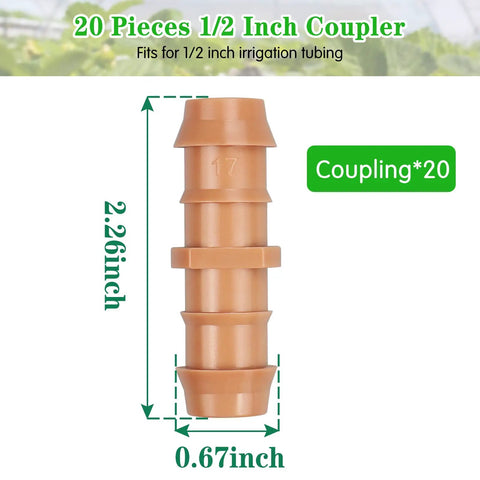 Drip Irrigation Barbed Coupling Set, 20 Pack, 1/2 Inch Tubing Fittings For 17mm 0.600 Inch ID Drip Lines, Connectors
