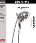 Diagram of 2 In 1 Dual Shower Head With Handheld Hose Chrome Finish Delivering 5 Spray Settings, dimensions shown, 2.5 GPM
