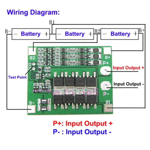 Wiring diagram of Two Pack Heavy Duty Three Series Lithium Ion Protection Board for 11.1 to 12.6 Volt packs.