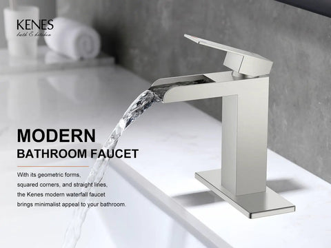 Waterfall Style Bathroom Sink Faucet With Brushed Nickel Finish, Single Handle Control, cascading water into sink