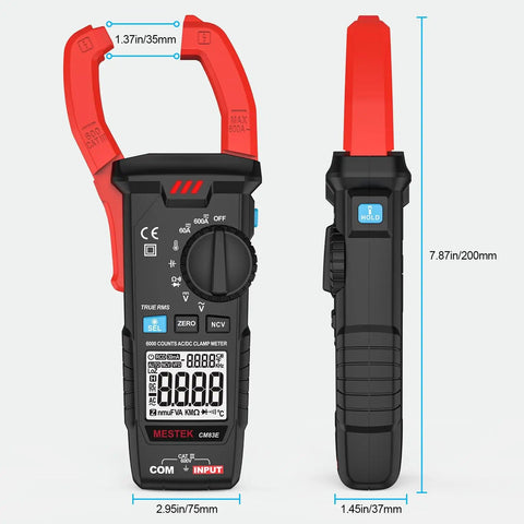 True RMS Digital Clamp Meter For DIY And Pros, 6000 Counts with red and black design, dimensions labeled