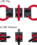 Image showing dual motion matte black sliding barn door pull handles with 180 flip and 360 rotation for doors, gates, and fences.